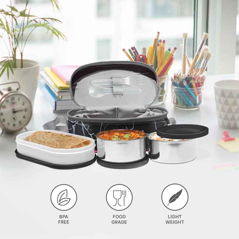 Milton Executive Lunch Box, 2 Round Containers, 280 ml Each, 1 Oval Container, 450 ml, Black