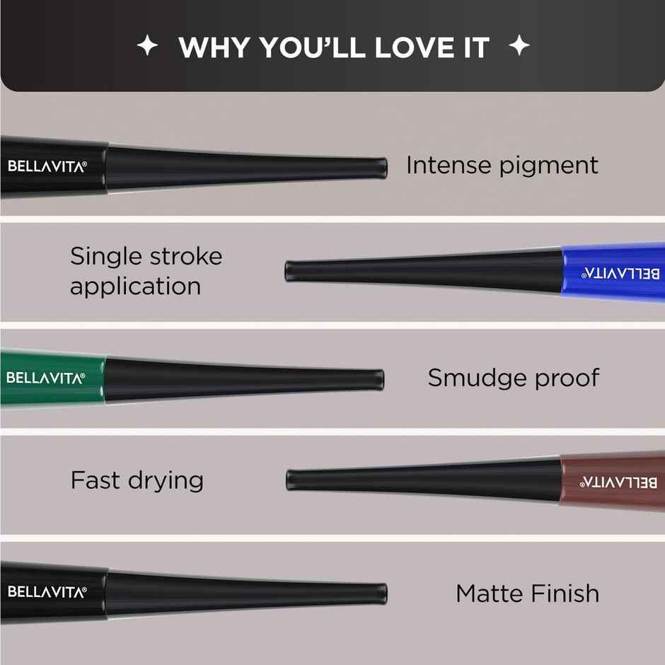 Bellavita Intense Drama Waterproof Eyeliner, Brown, Matte Finish, Smudge-Proof