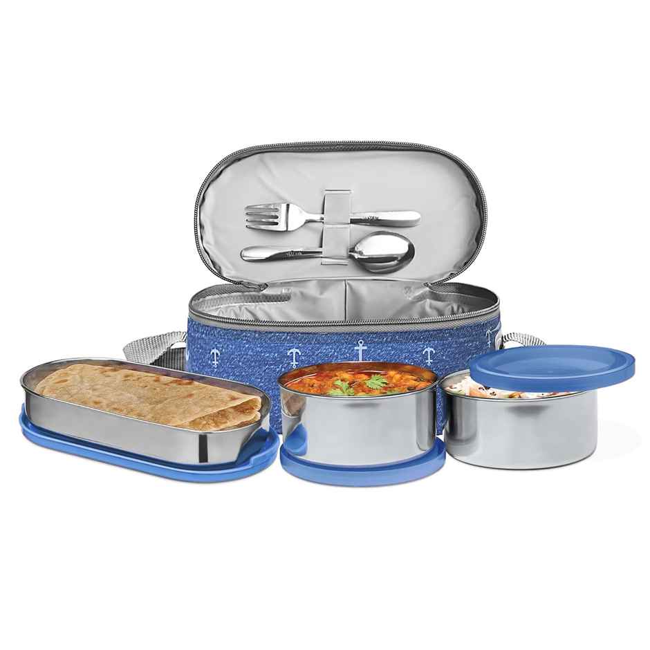Milton Corporate Lunch Box Stainless Steel 2 Round 280Ml Each & 1 Oval Container 500Ml - Bag Blue