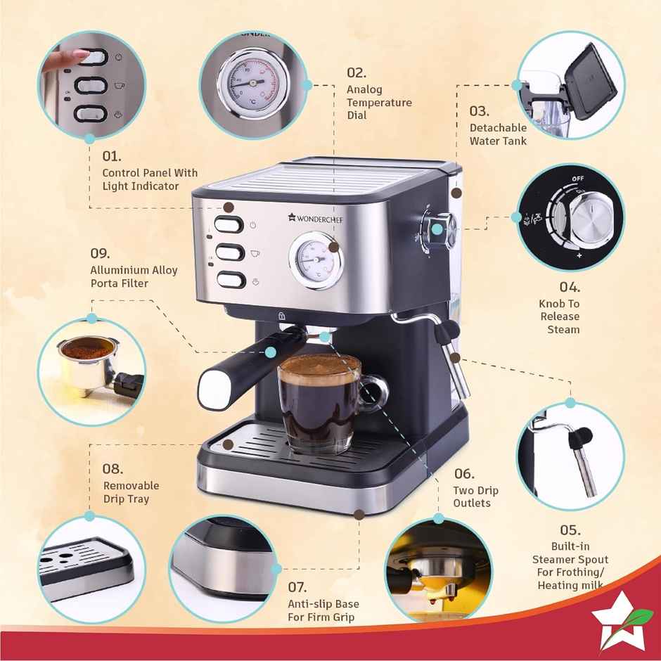 Wonderchef Regenta Espresso Coffee Machine, 19-Bar, Make Espressos, Cappuccinos & Lattes At Home