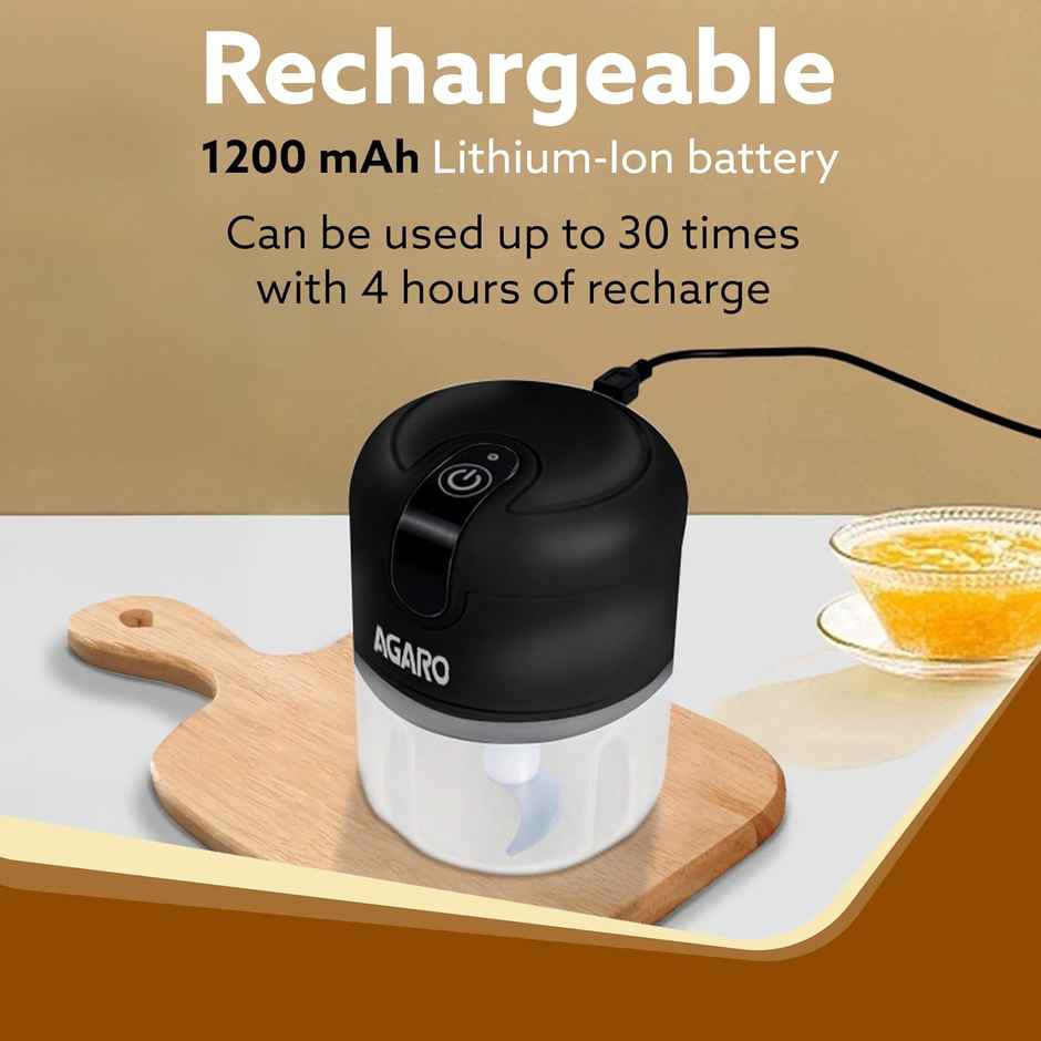 AGARO Elite Rechargeable Mini Electric Chopper, 250 Ml, Stainless Steel Blades, One Touch Operation,for Mincing Garlic,Ginger, Onion,Vegetable,Meat,Nuts - Black