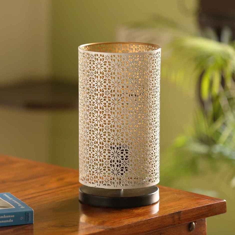 Exclusivelane Moroccan Shimmer Hand Etched Iron Table Lamp | 30.5 Cm | White