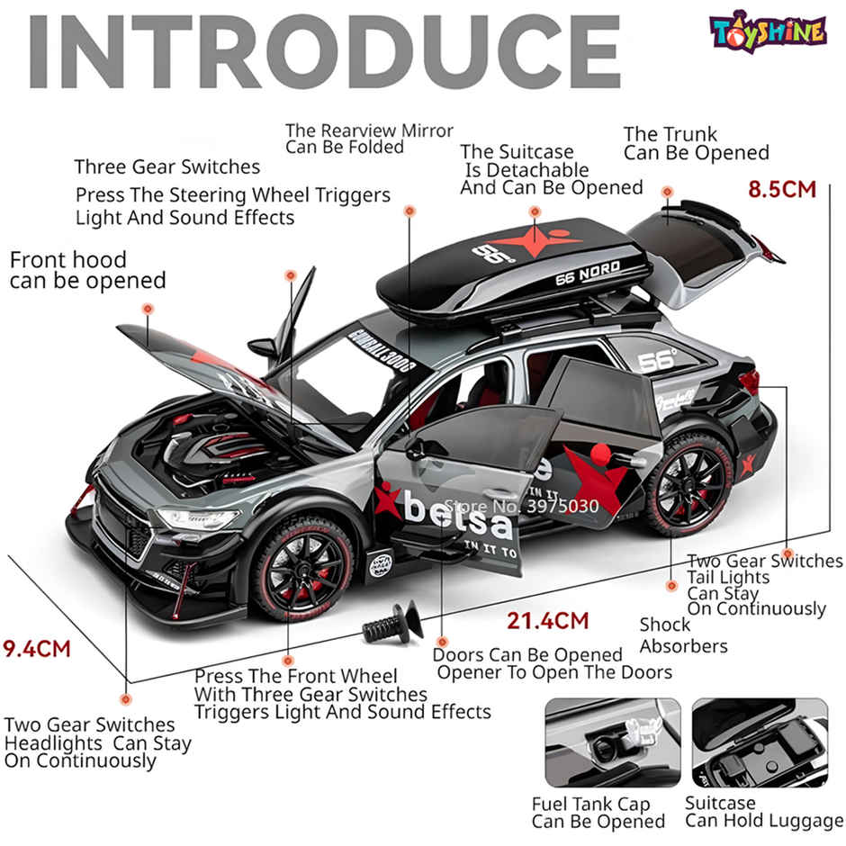 Toyshine 1:24 Die Cast Racing A4 Sports Car with Music Pull Back & Opening Doors for Kids 3+ Black