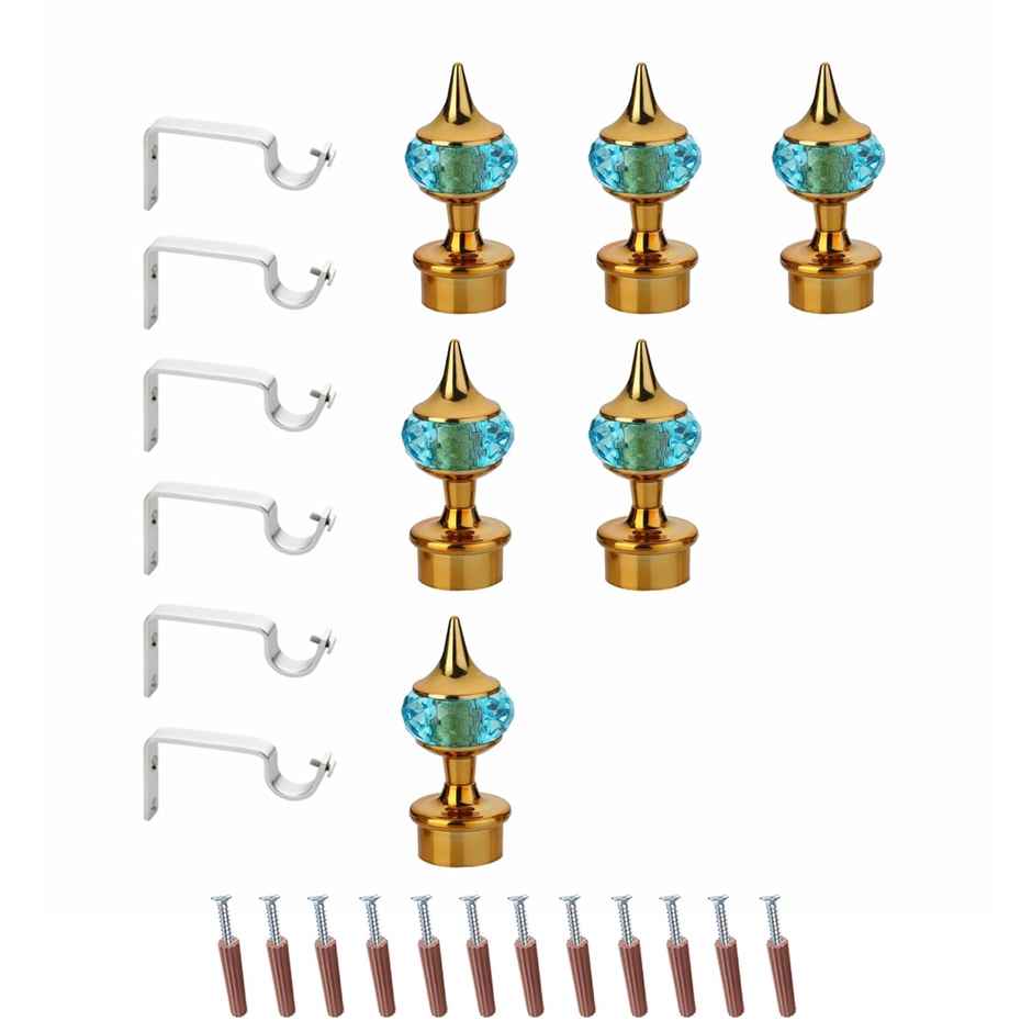 Gloxy Single Diamond Aluminium Curtain Bracket | 1 inch Rod Support | 3 Pair, Gold mix Sky Blue