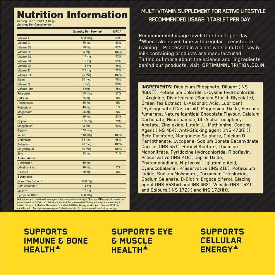 Optimum Nutrition (On) Multivitamin For Men� 60 Tablets 26 Vitamins & Minerals Amino Acids