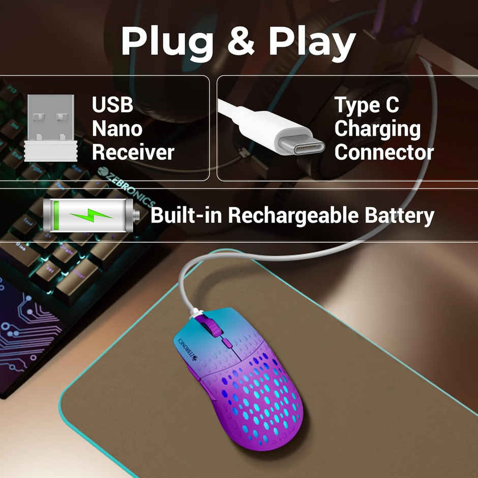 Zebronics Marine Wireless Mouse With Rechargeable Battery, Bt + 2.4Ghz, 6 Buttons, 4 Dpi (Purple)