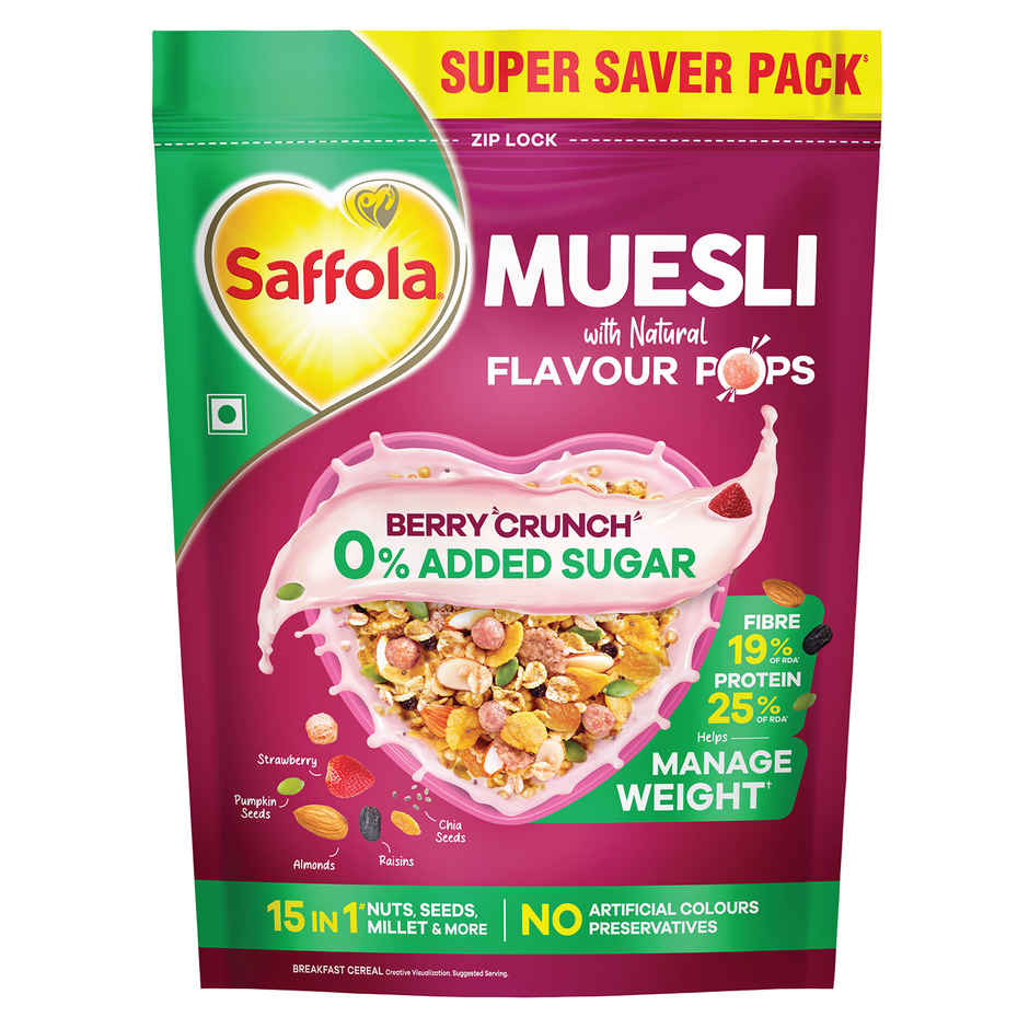 Saffola Muesli 0% Added Sugar Berry Crunch with Flavour Pops, 25% Protein & 19% Fibre of RDA
