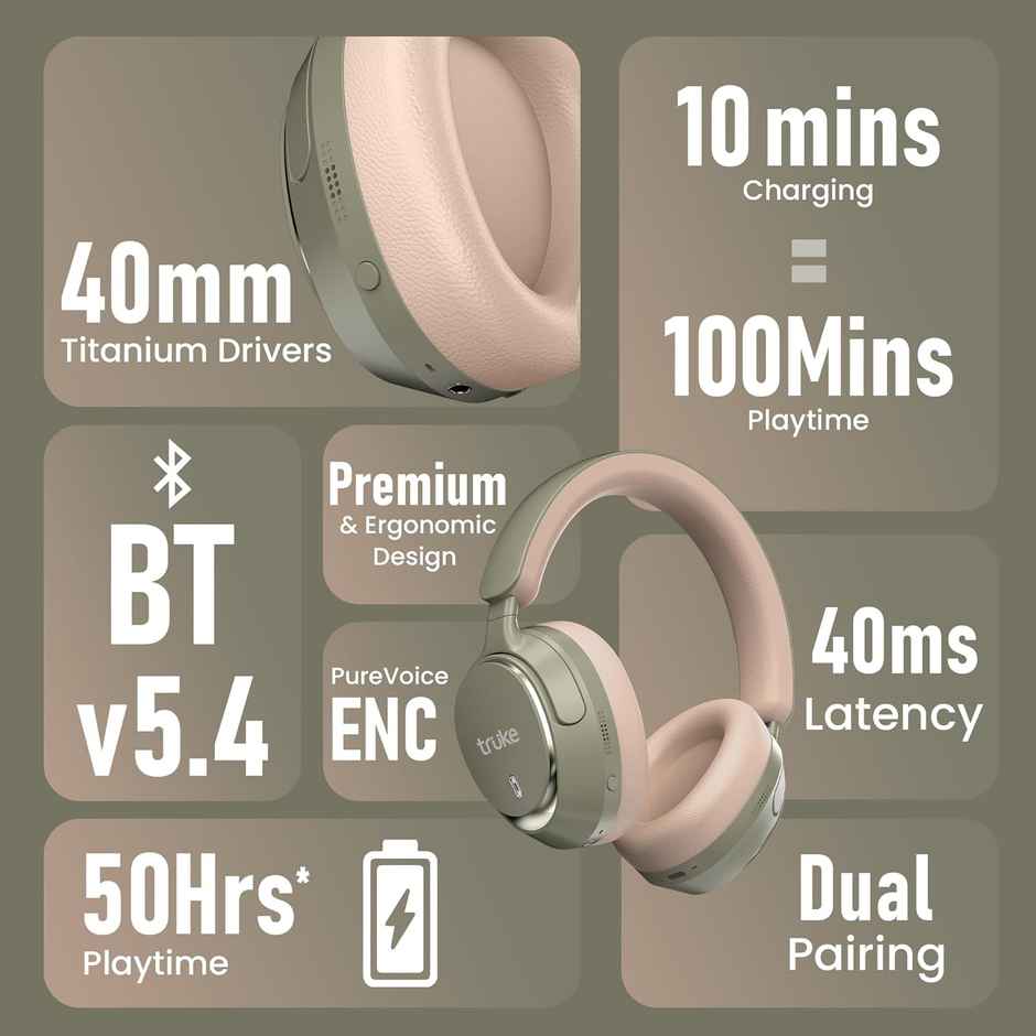 truke Aura Bass headphone w/ 40mm Drivers, 50Hrs playtime, Low Latency, ENC, Deep Bass | Green