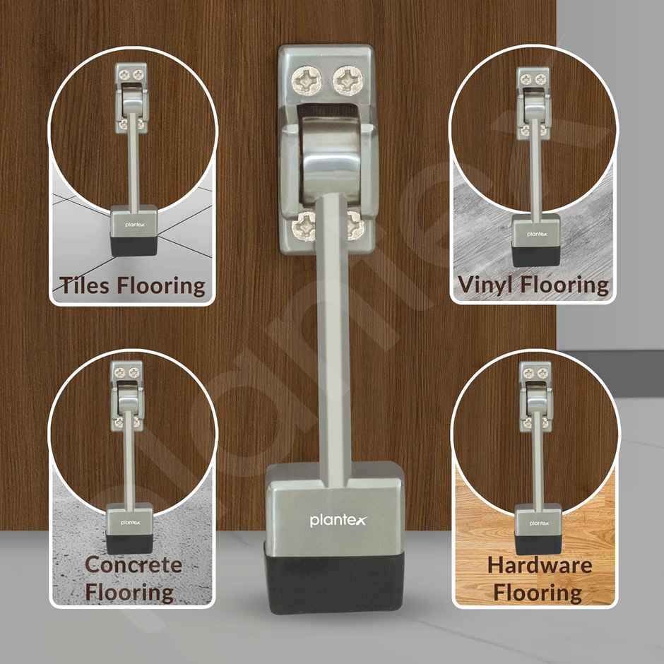 Plantex Heavy Duty Door Stopper with Rubber Grip for Wooden Doors - Silver Matt Finish