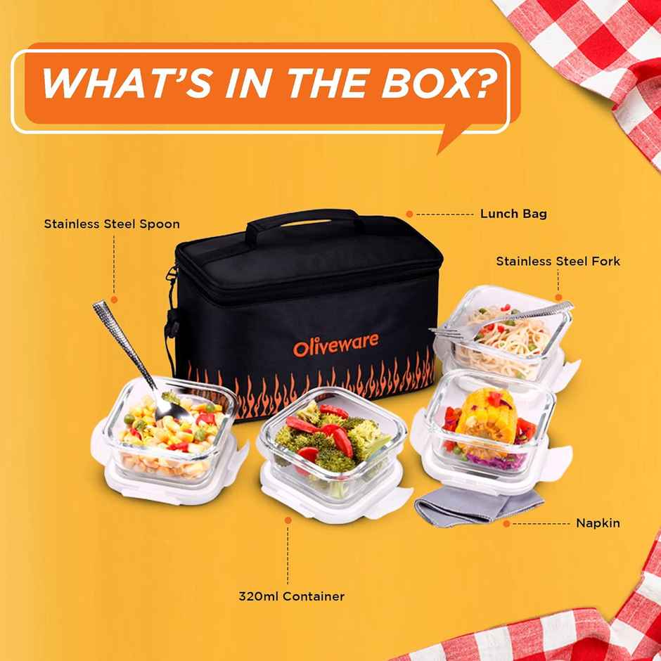 Oliveware Olivia Borosilicate Glassware Lunchbox , 4 Microwave Safe Containers - Black Orange