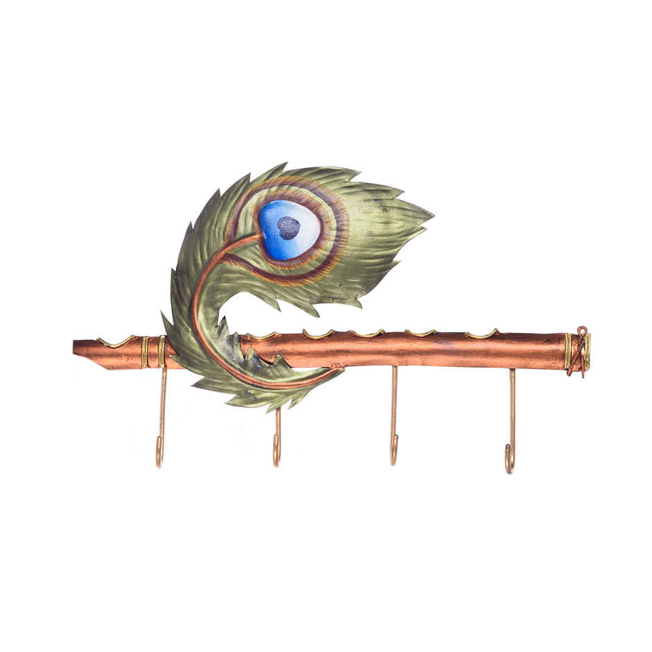 Ecraftindia Wrought Iron Flute With Peacock Feather Designer Key Holder With 4 Key Hooks For Wall