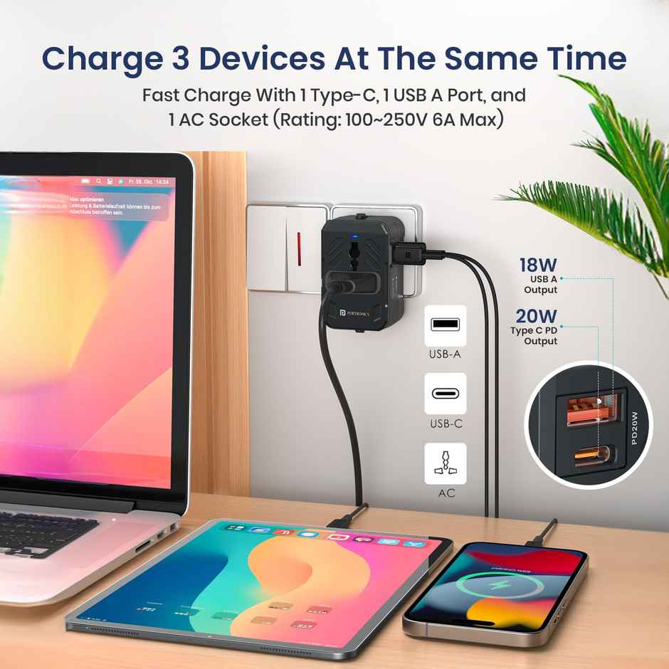 Portronics Juicemate 4 Universal Travel Adapter with 20W Type-C PD & 18W USB-A Output | Black