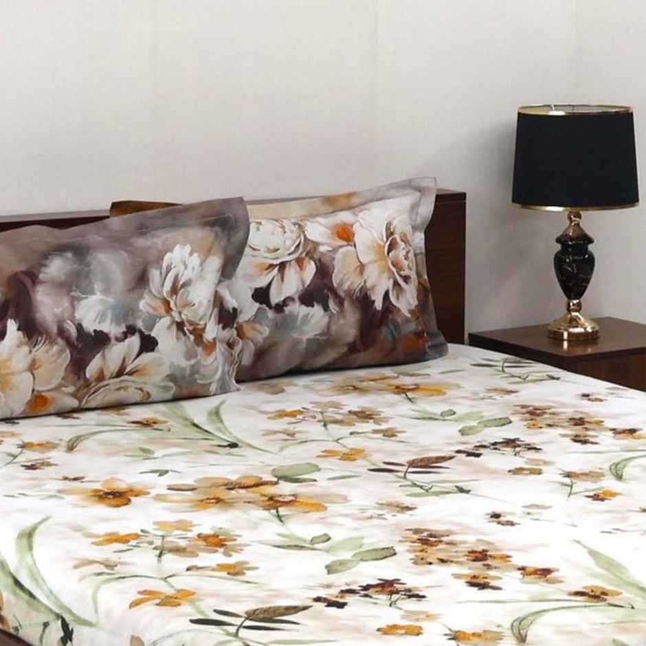 Bombay Dyeing Blooming Muse 144 TC 100% Cotton Brown Super King Size Bedsheet with 2 Pillow Covers
