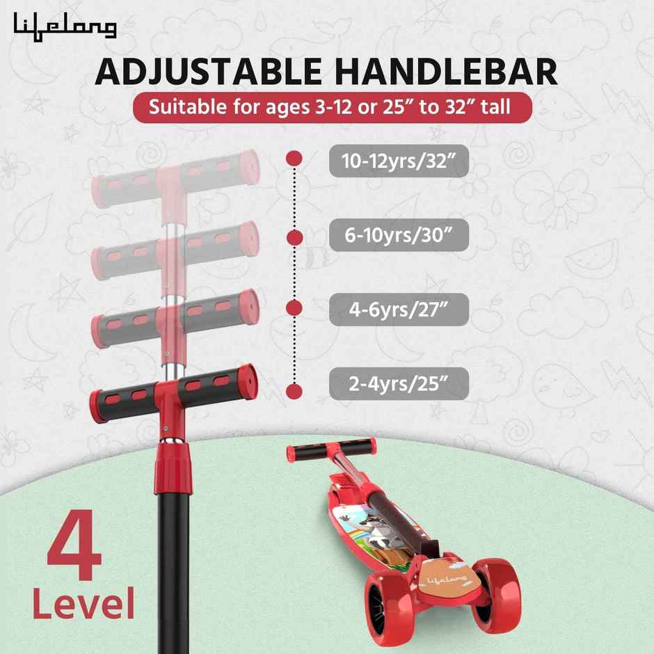 Lifelong Foldable Kick Scooter with Adjustable Height | Max 50 kg | Red & Black