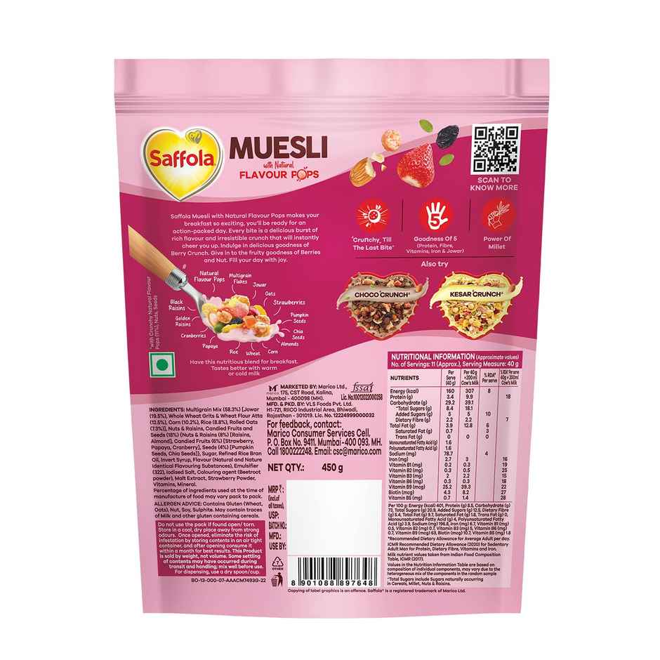 Saffola Muesli Berry Crunch With Flavour Pops, Fruits, Nuts, Seeds, Millets (15 In 1)