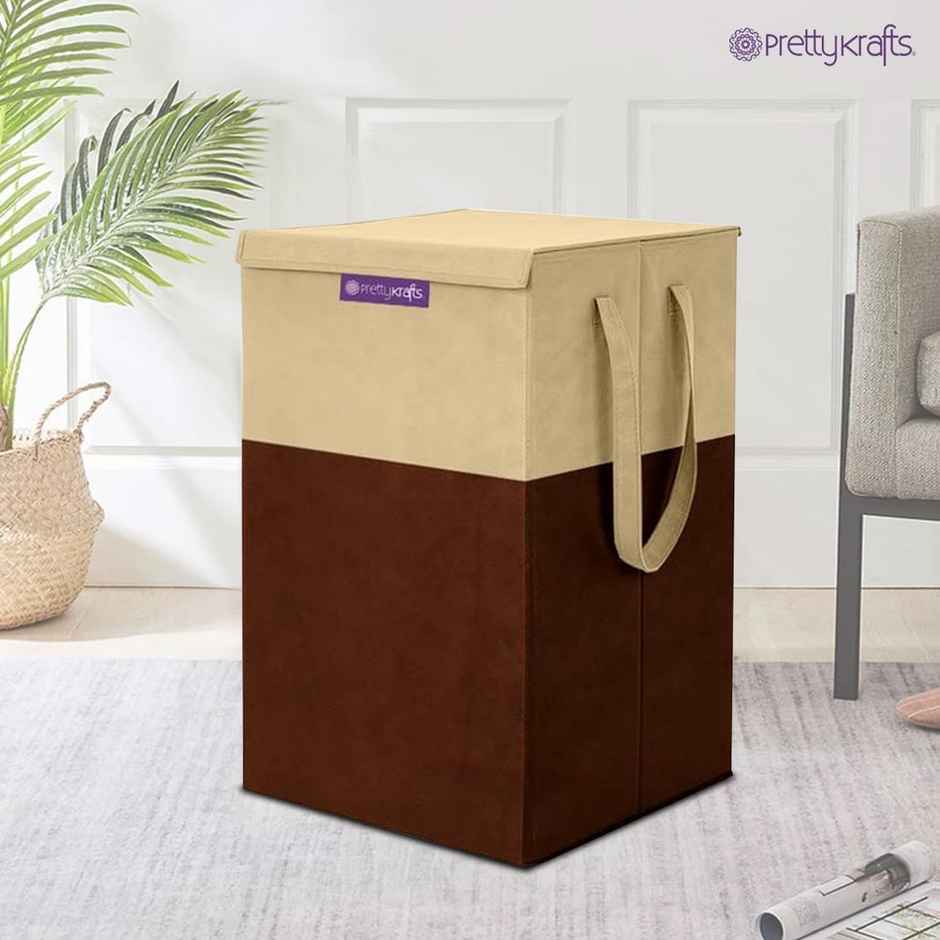 PrettyKrafts 75 L Laundry Basket | Foldable Hamper with Lid for Clothes & Toys - Brown