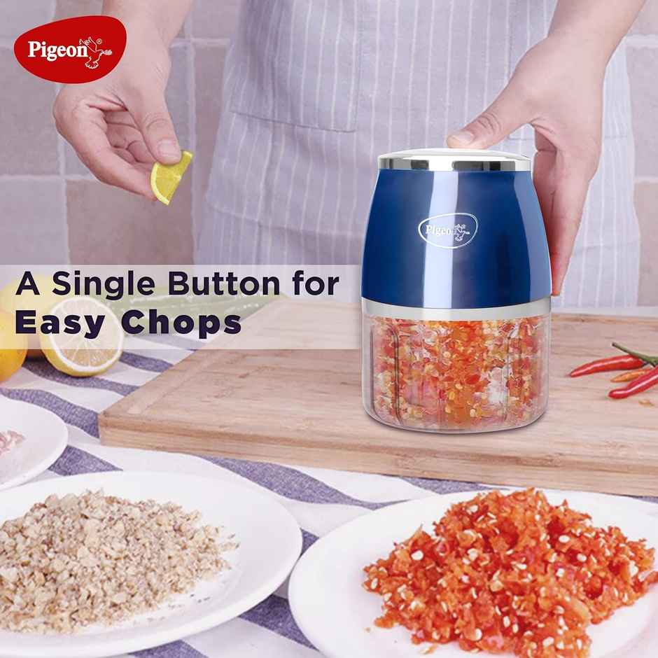 Pigeon Zoom Electric Chopper, 30Watt, 250ml, Portable with 3 Stainless Steel Blades for Effortlessly Chopping Vegetables and Fruits - Blue