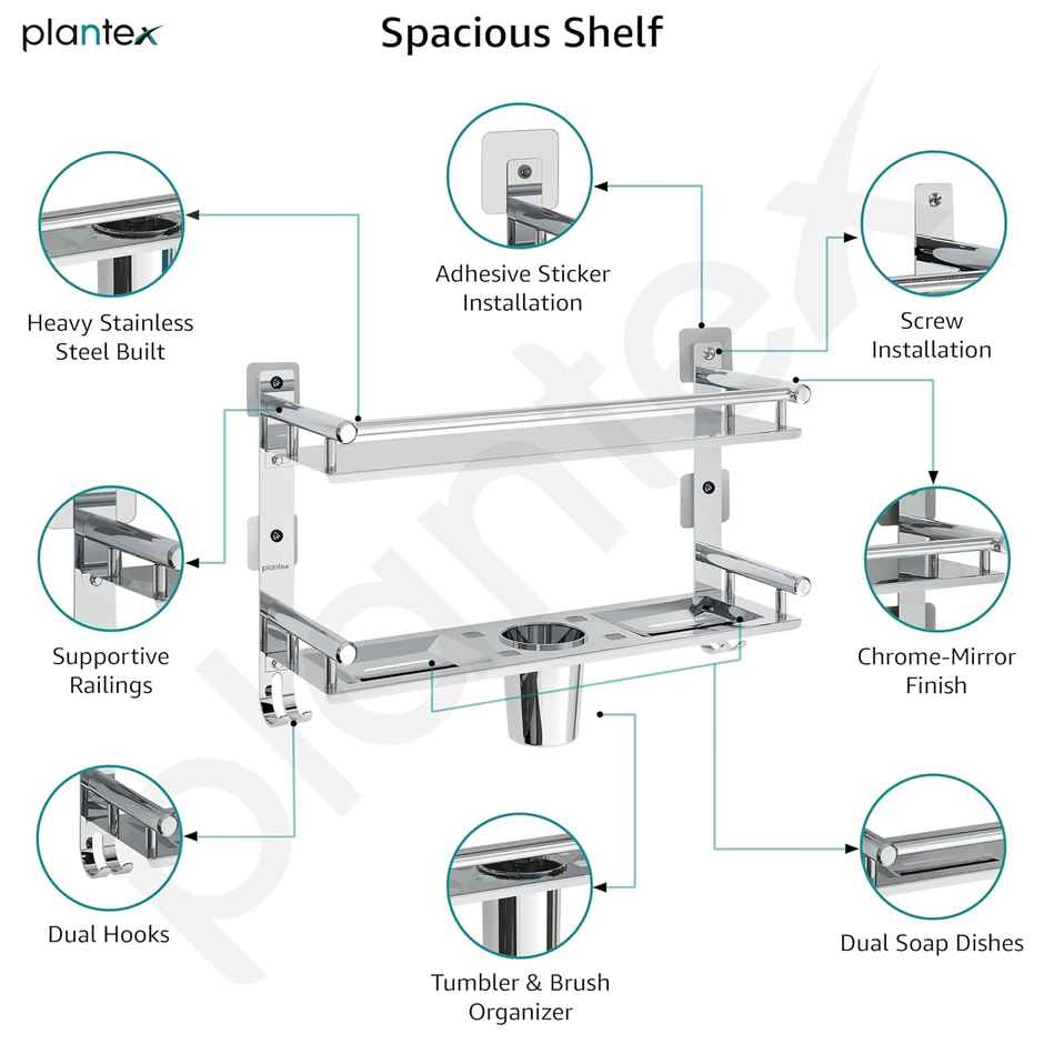 Plantex No Drill Bathroom Shelf Organizer with Soap and Brush Holder - 2-Tier, Chrome Finish