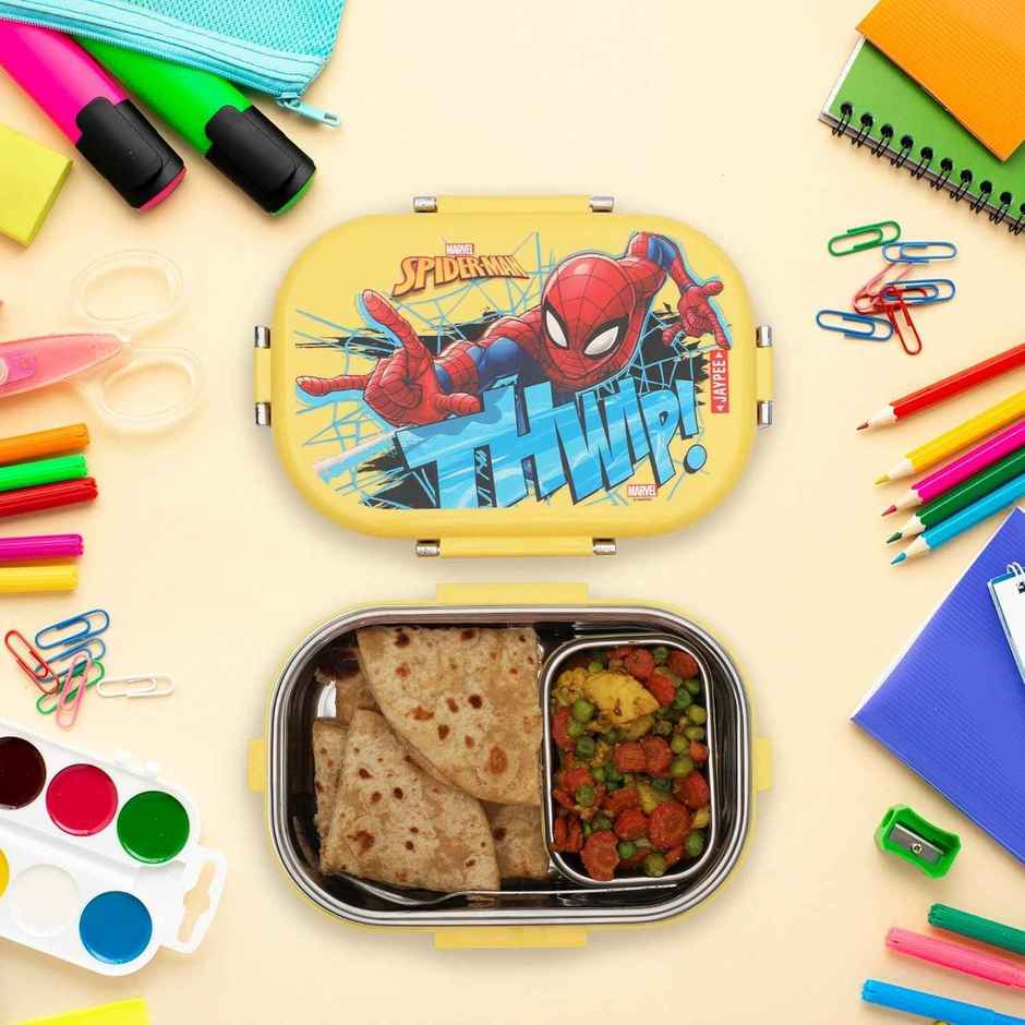 Jaypee Topsteel Stainless Steel Insulated Lunch Box for School Kids, Spiderman Print Yellow, 600ml