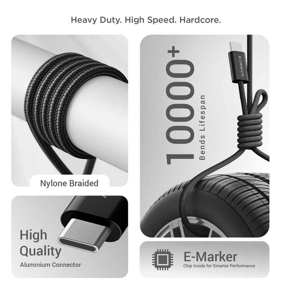 Hammer Type-C to Type-C 60W Braided Cable | PD Fast Charging & Data Sync | Black