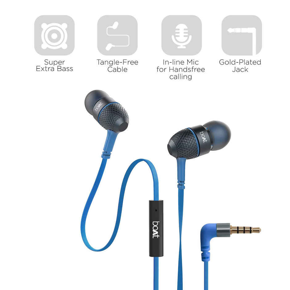 boAt Bassheads 180 in ear Earphones w/ Super Extra Bass, One Button Mic & Tangle Free Cable (Blue)