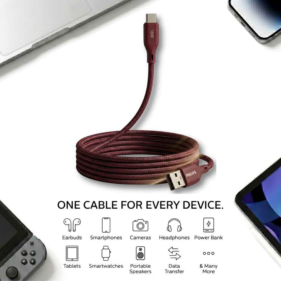 Philips 18W USB A to Type C Fast Charging Cable | DLC4130AI94 | Iron Red | 1 m