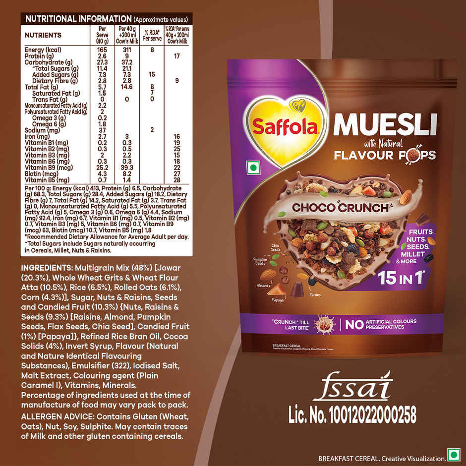 Saffola Muesli Choco Crunch With Flavour Pops 15 In 1 Fruit And Nuts