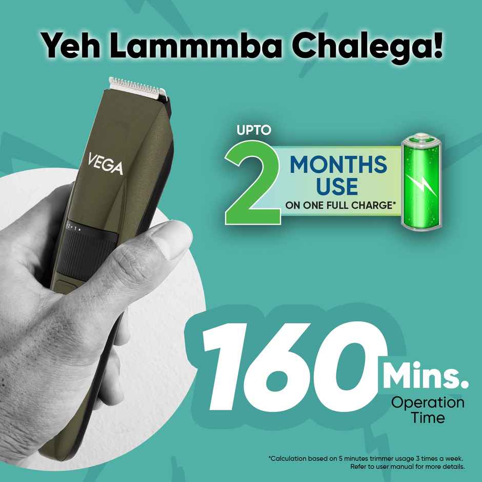 Vega P1 Battery Powered Beard Trimmer for Men, USB C Type, 160 mins Runtime 2 Beard Comb (VHTH-25)