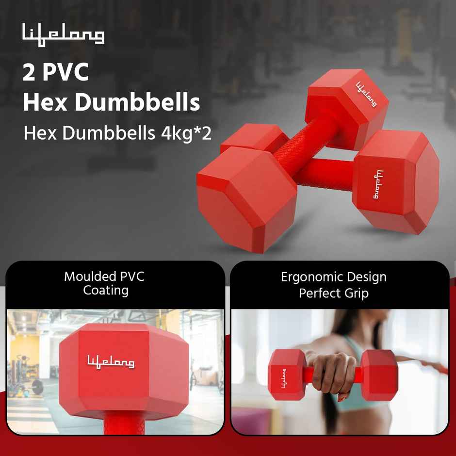 Lifelong Pvc Hex Fixed Dumbbells | Pack Of 2 - 4 Kg X 2 | Red | For Home