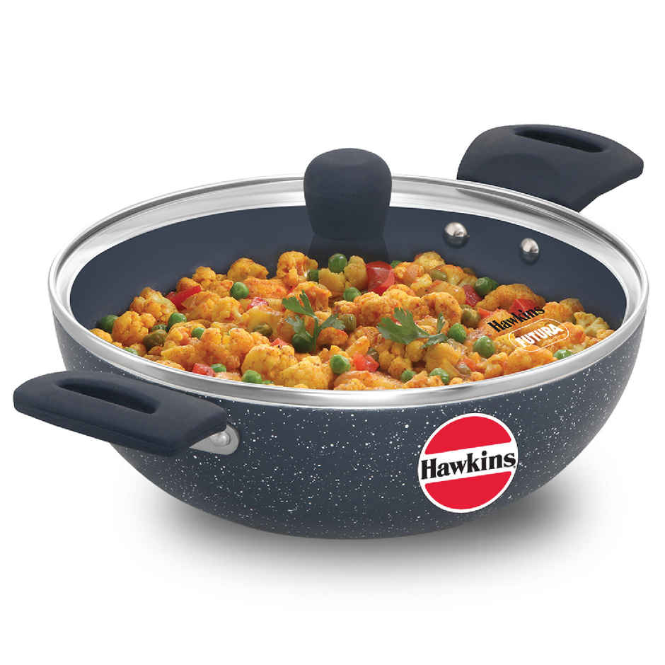 Hawkins Ceramic Nonstick Deep Kadhai with Lid | 2.5 L | Blue