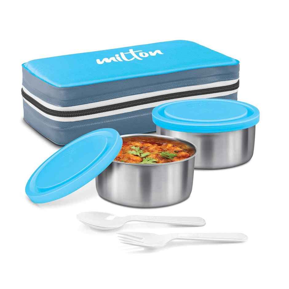 Milton New Mini Stainless Steel Lunch Box | 2 Round Containers | 280 ml Each With Spoon & Fork-Cyan