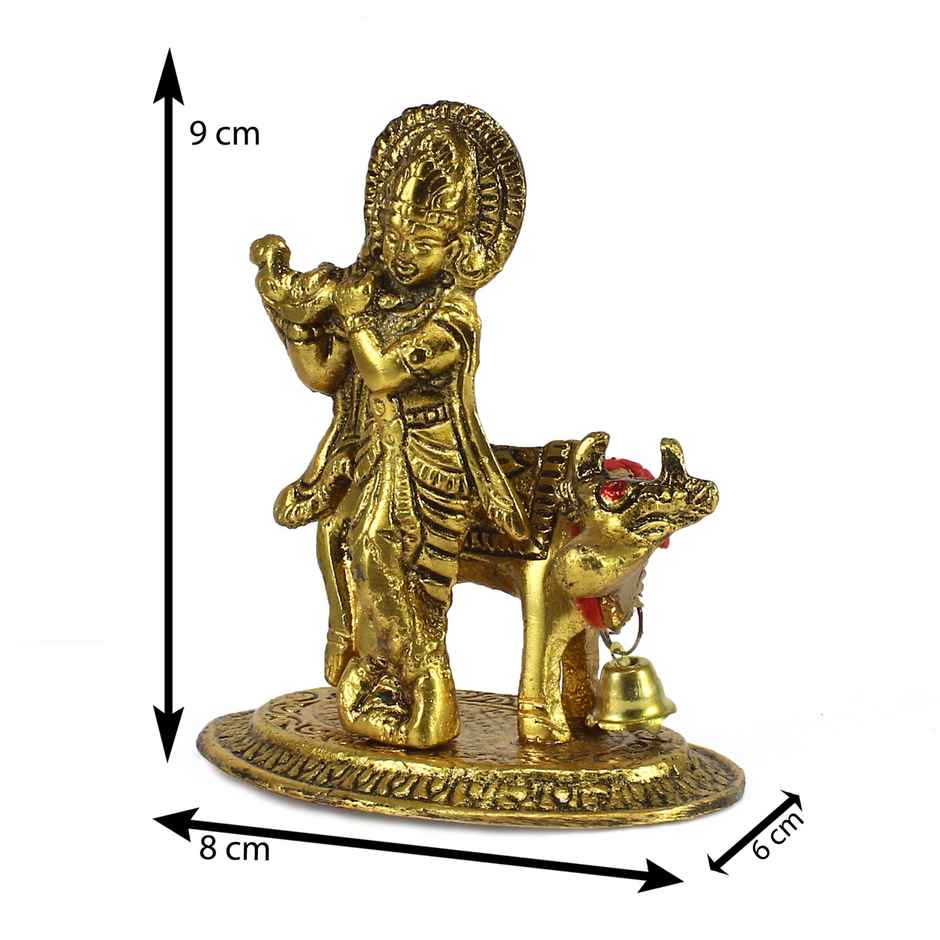 Ecraftindia Golden Metal Krishna Playing Flute With Cow Statue | Janmashtami Gift