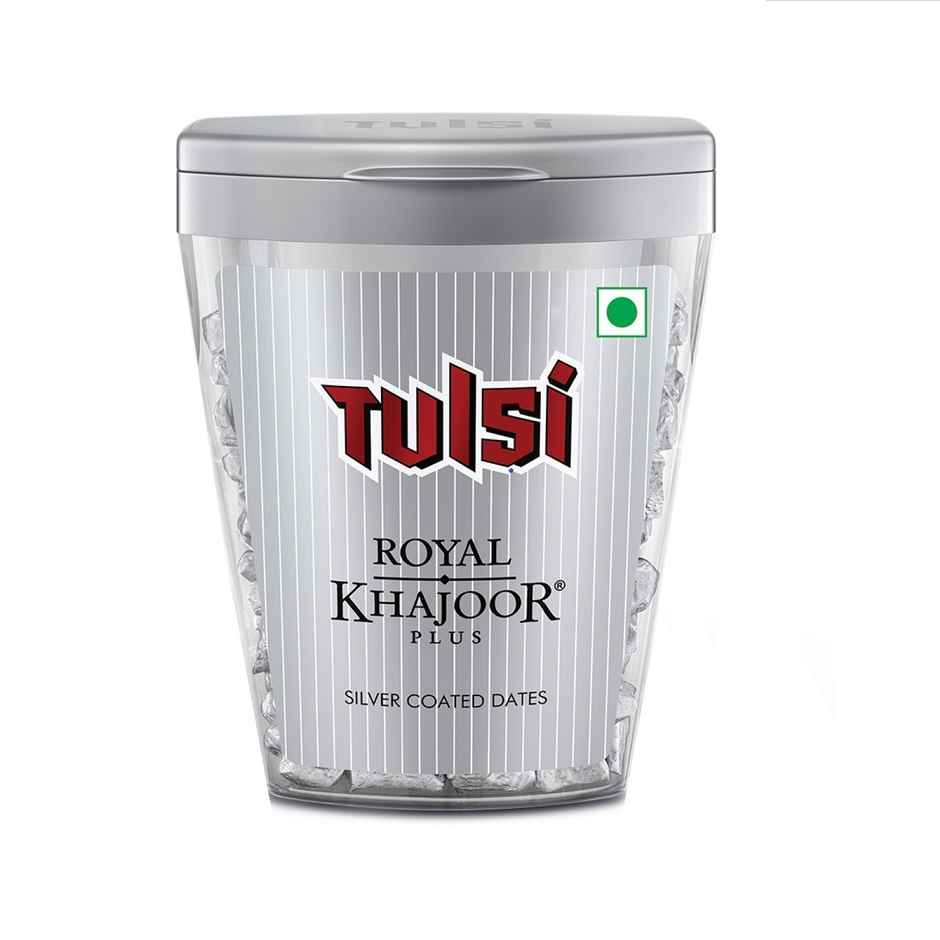 Tulsi Royal Khajoor Plus Flip Top Can Silver Coated Khajoor Dates, Mint Mouthfreshner
