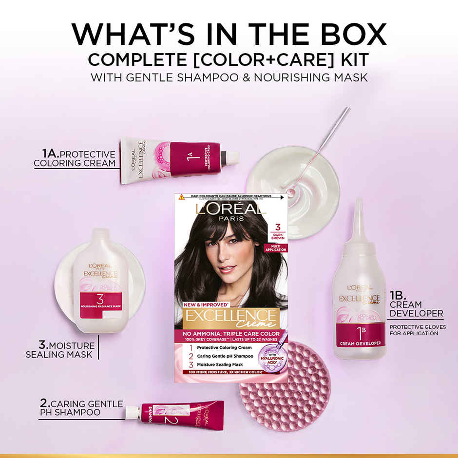 L'Oreal Paris New Excellence Creme Hair Color Mini Shade 3 Dark Brown | 20g + 20ml + 5ml + 5g