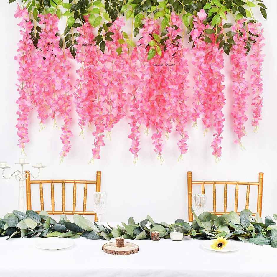 Well Art Gallery Artificial Wisteria Hanging Flowers Vines String Decorations (Pack Of 6,Pink)