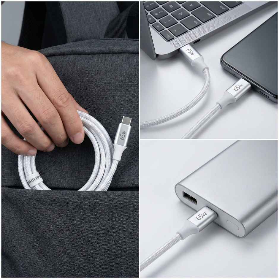 Philips 65W USB Type-C to Type-C Fast Charging Cable | Nylon Braided | 1m | Bright White