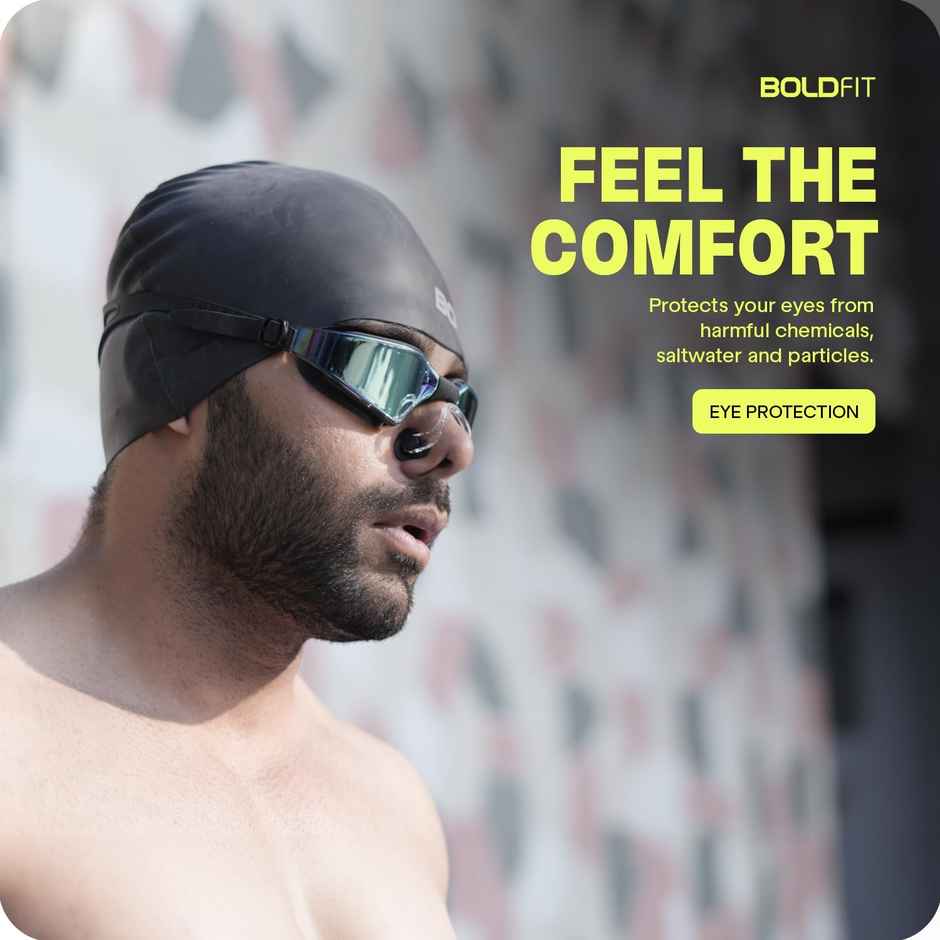 Boldfit Swimming Goggles for Unisex Adjustable Strap | Airtight Fit | Ear & Nose Plug - Black