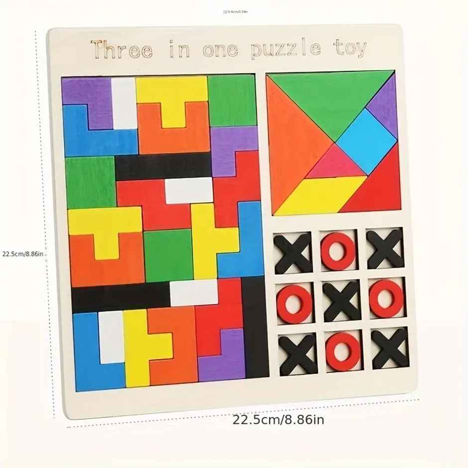 Fablue 3 In 1 Wooden Puzzle Toy - Russian Blocks Puzzle - Tic Tac Toe Xo Game - Tangrams Puzzles - Assorted - 21 cm