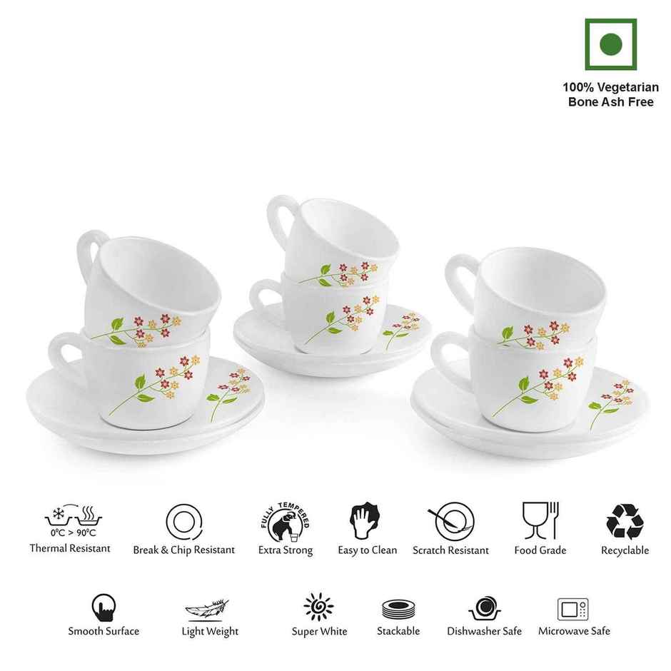 Cello Opalware Dazzle Queen Cup & Saucer 130 ml 6 Units | Secret Garden, White