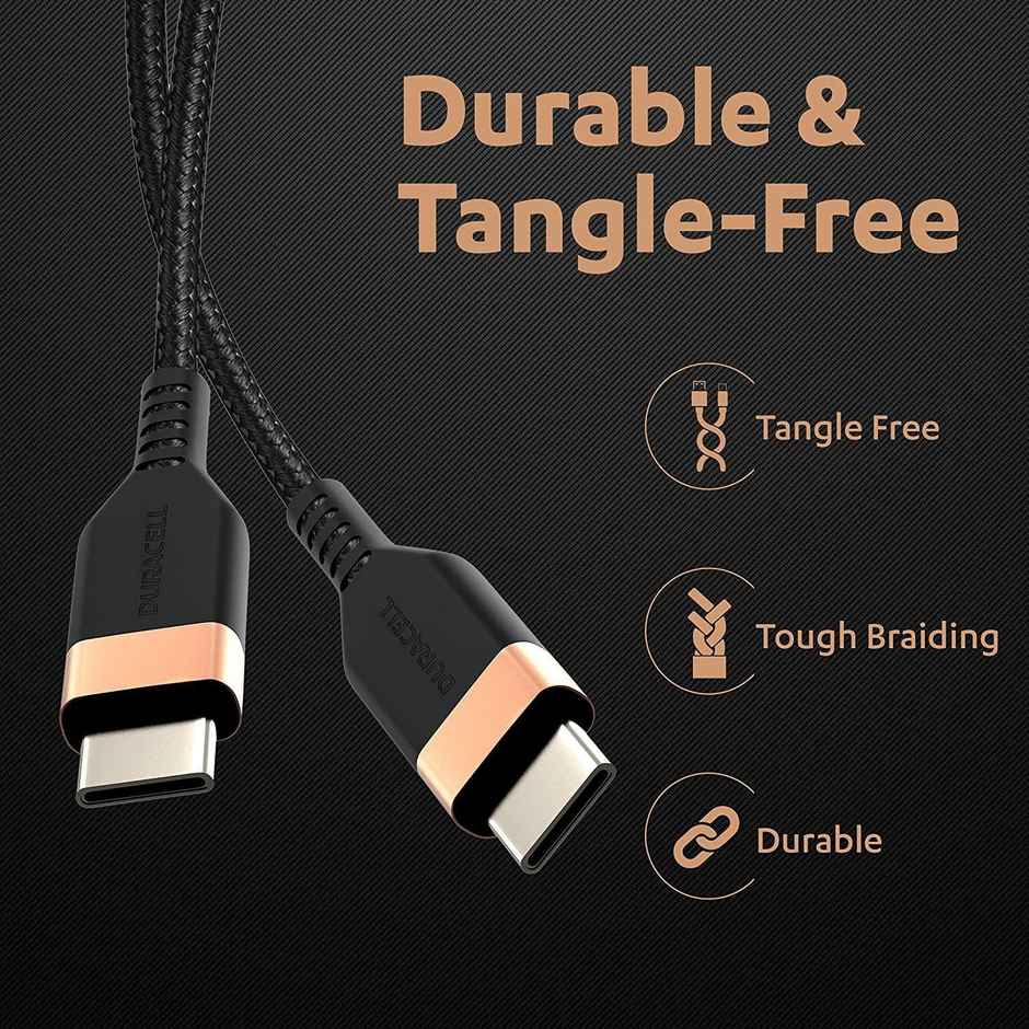 Duracell USB Type C To Type C USB Cable 4A(60W) Braided Sync& Charging Cable,Compatible With Mobile,Laptop,Tablets&Macbook,3.9 Feet(1.2M) Supports Power Delivery(Pd) With Rapid Data Transmission - Black