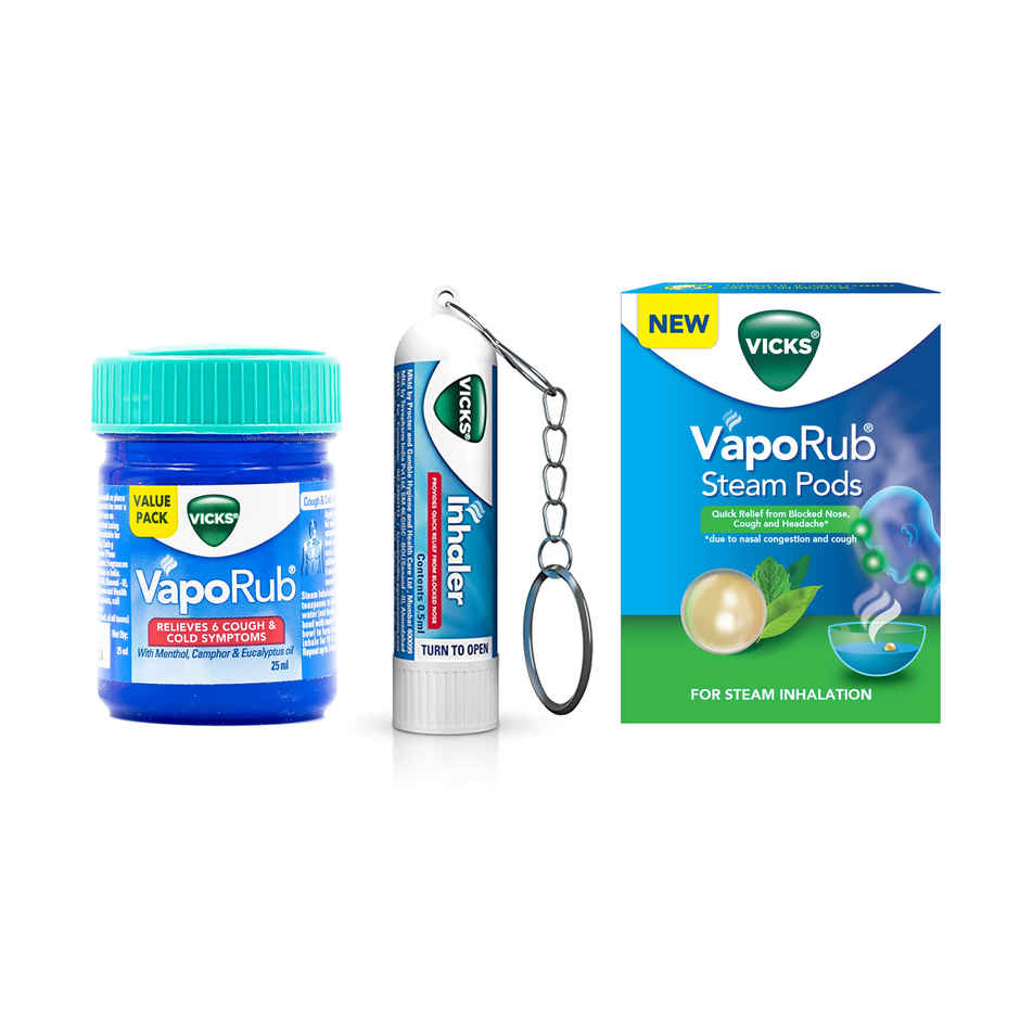 Vicks Vaporub(25ml), Vicks Inhaler (0.5ml) & Vicks Steam Pods(4pc) Combo