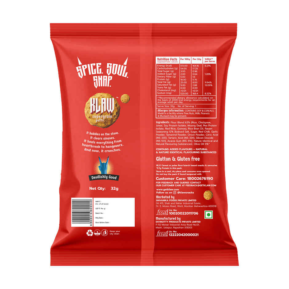 Klaw Rowdy Rasam Supergrain Puffs | Baked Not Fried | High Protein | Made with Olive Oil