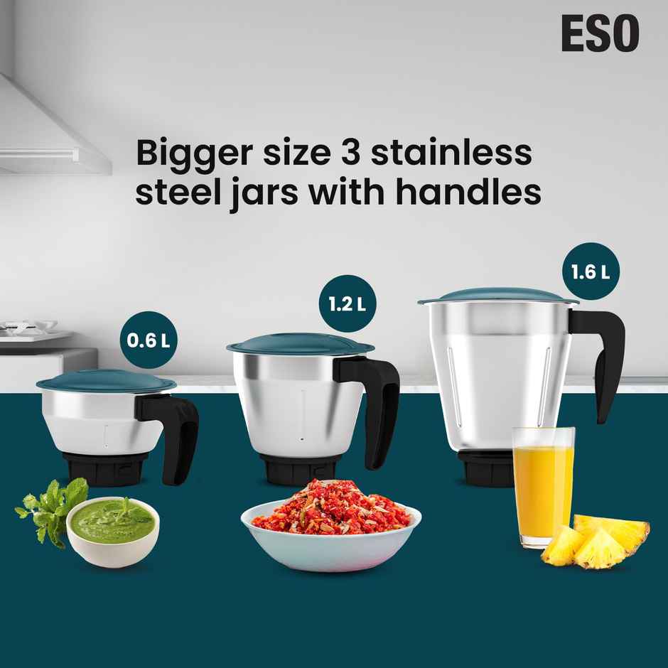 Havells Eso Mixer Grinder | 750 W | 3 Jars | 21K Rpm | Ss Jars With Handle - Teal & Black