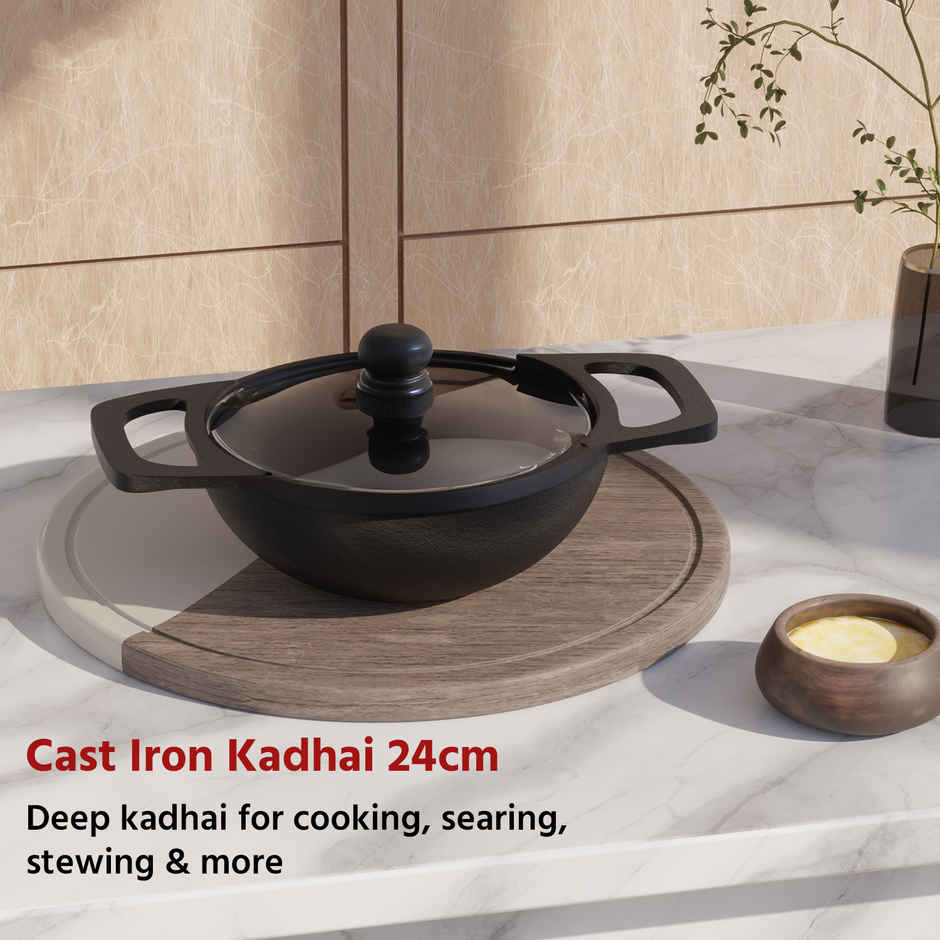 Lifelong Cast Iron Kadhai 24 cm with Glass Lid