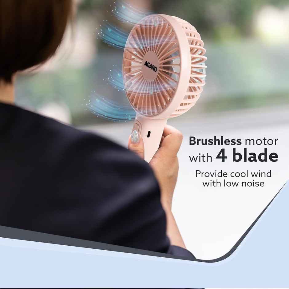 Agaro Elite Mini Portable Fan, 4 Inches, 2000 mAh Battery, 3 Speed Option And Table Dock, Pink