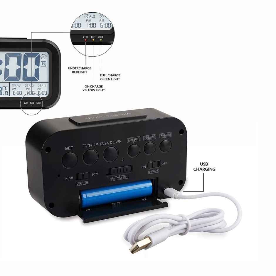 Urbanfix Bulfyss USB Rechargeable Digital Alarm Clock, Date, Temperature, Backlight LCD Display