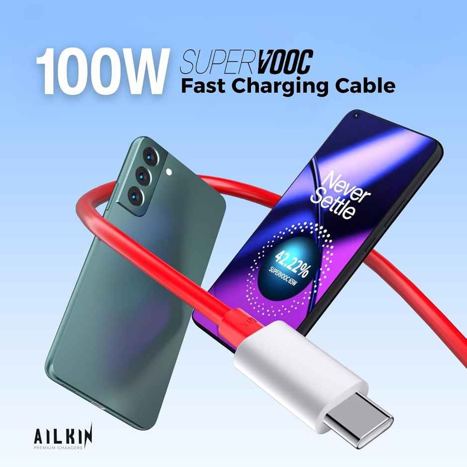 Ailkin 100W DASH|WRAP|SUPERVOOC Fast Charging Adapter & USB to Type-C Cable for OnePlus