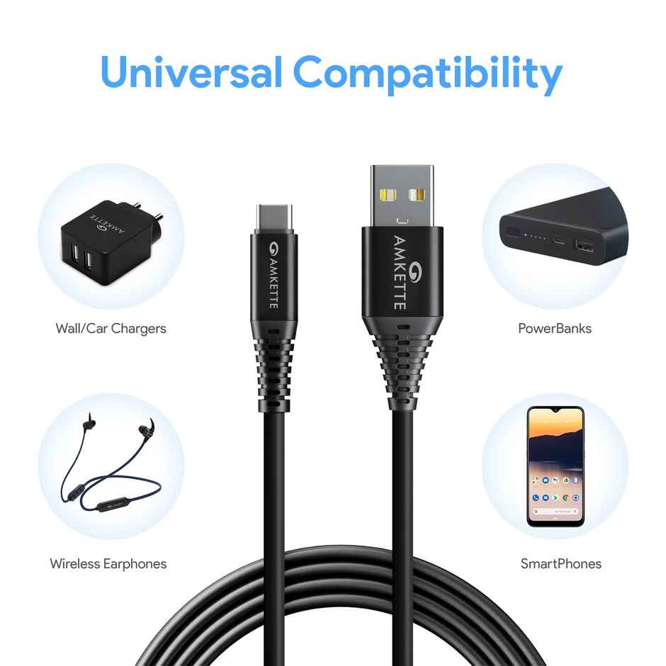 AMKETTE Powerpro USB to Type C Charge And Sync 3 Amp Usb Cable, 1M - Black