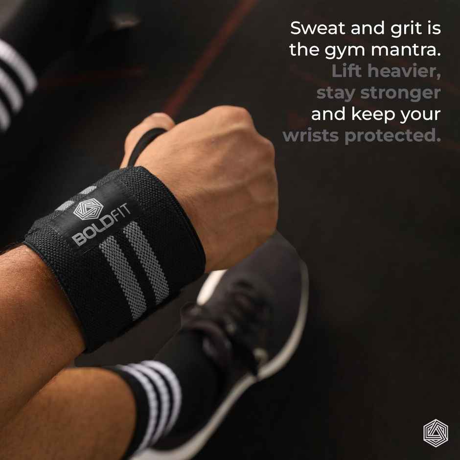 Boldfit Wrist Support Band,Wrist Band,Gym Support Band,2 Stripes Printergreyb/Black