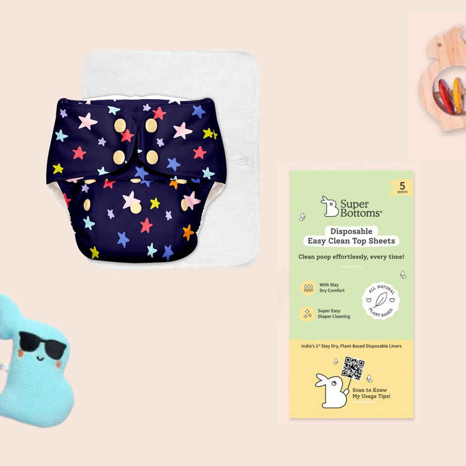 SuperBottoms Basic Reusable Cloth Diaper with Ultra Thin pad & 5 Disposable Top Sheets | Free Size